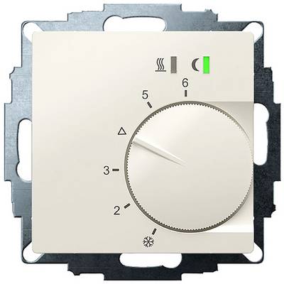 A white rotary dial on a metal plate with a setting range from 1 to 6, symbols for heating and cooling, and a green indicator light.
