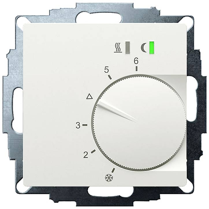 A white rotary control knob with a scale from 0 to 6 and symbols for heating, ventilation and cooling. Indicator light in the top right corner.