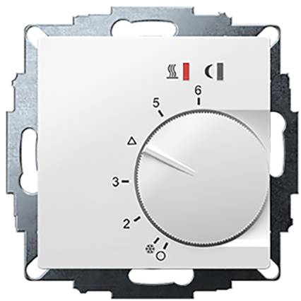 A white thermostat with a round rotary dial, numbered from 1 to 6, for controlling heating temperature. Ventilation and heating symbols are displayed.