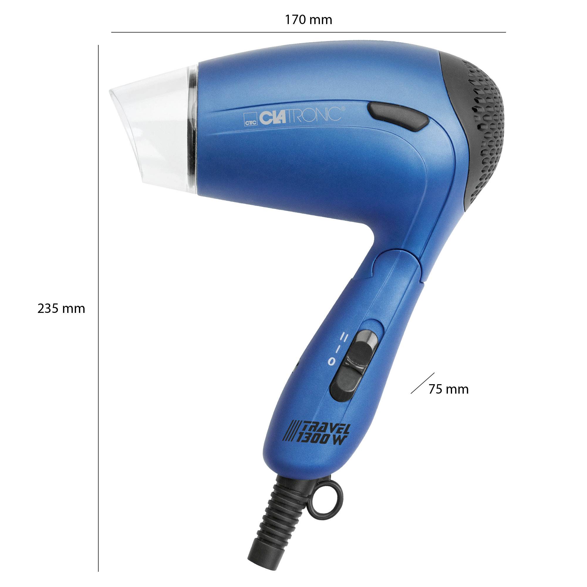 'Blue Travel Hairdryer with 1300 Watts'. It has two settings and measures 170 mm in length, 235 mm in height and 75 mm in width.