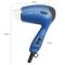 'Blue Travel Hairdryer with 1300 Watts'. It has two settings and measures 170 mm in length, 235 mm in height and 75 mm in width.
