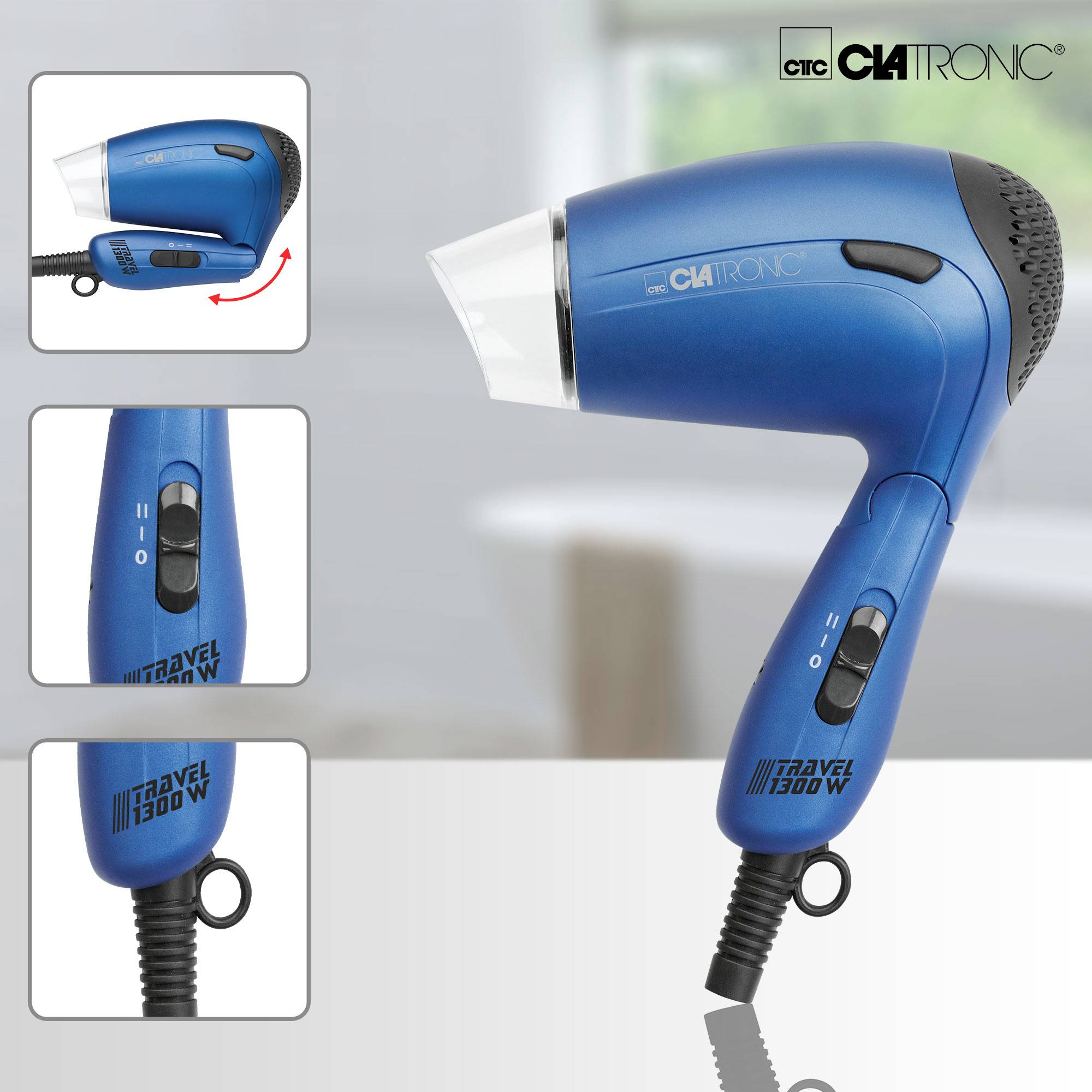 A blue Clatronic hairdryer. Compact design with foldable handle, ideal for travelling. Ventilation openings at the rear.
