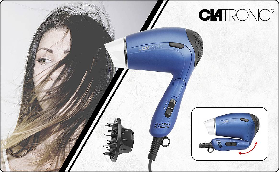 A blue Clatronic hairdryer is shown, with a woman standing next to it with her hair blowing. A diffuser attachment is also pictured.