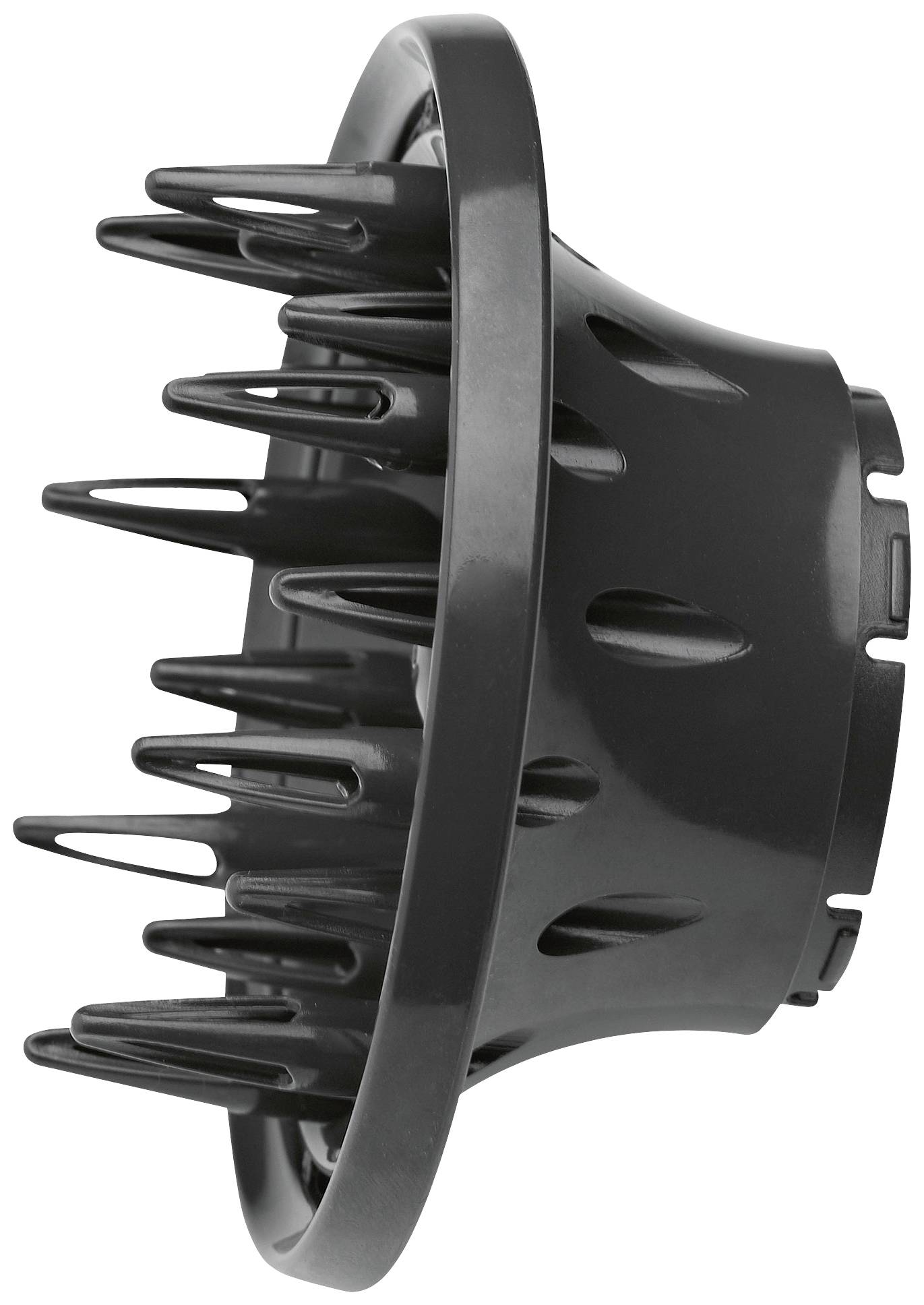 Black diffuser attachment for a hairdryer with multiple long, narrow prongs for even air distribution.