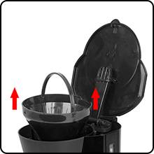 Coffee machine with an open lid and removable filter insert, red arrows pointing upwards to facilitate removal.