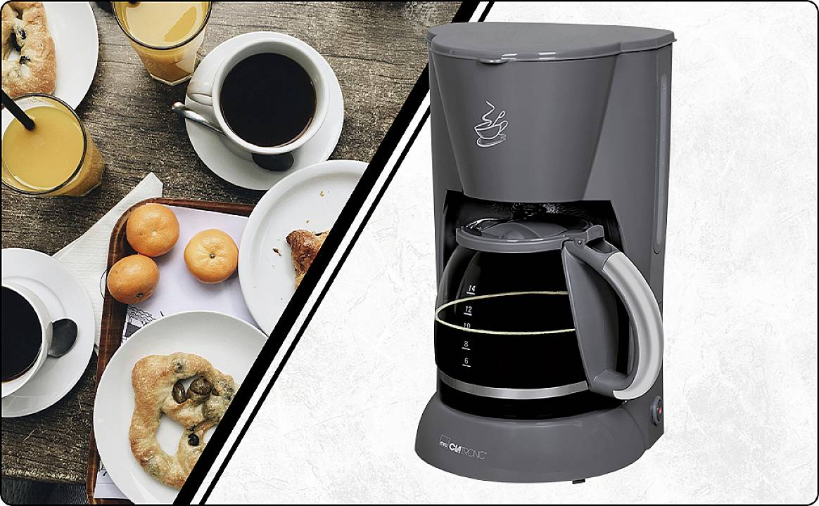 Breakfast table with pastries, coffee and juice on the left; coffee machine with full pot on the right.