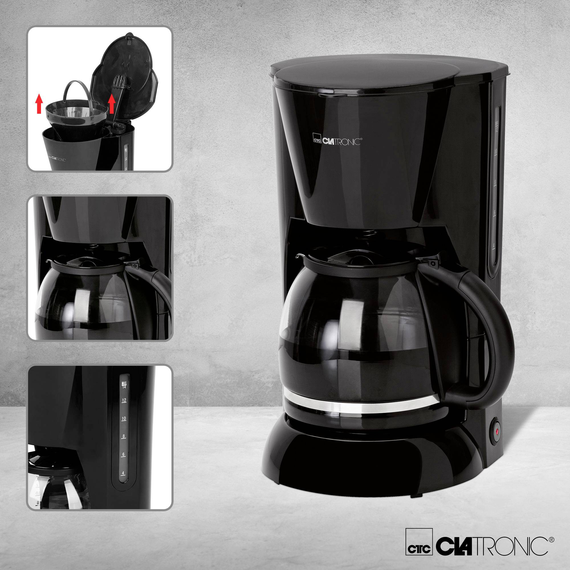 A black coffee machine with a glass carafe and water level indicator. Small images show removing the carafe and pouring in water.