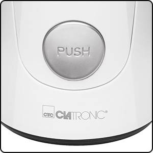 A white kitchen appliance button with the inscription 'PUSH'. Below it, the 'CLATRONIC' logo.
