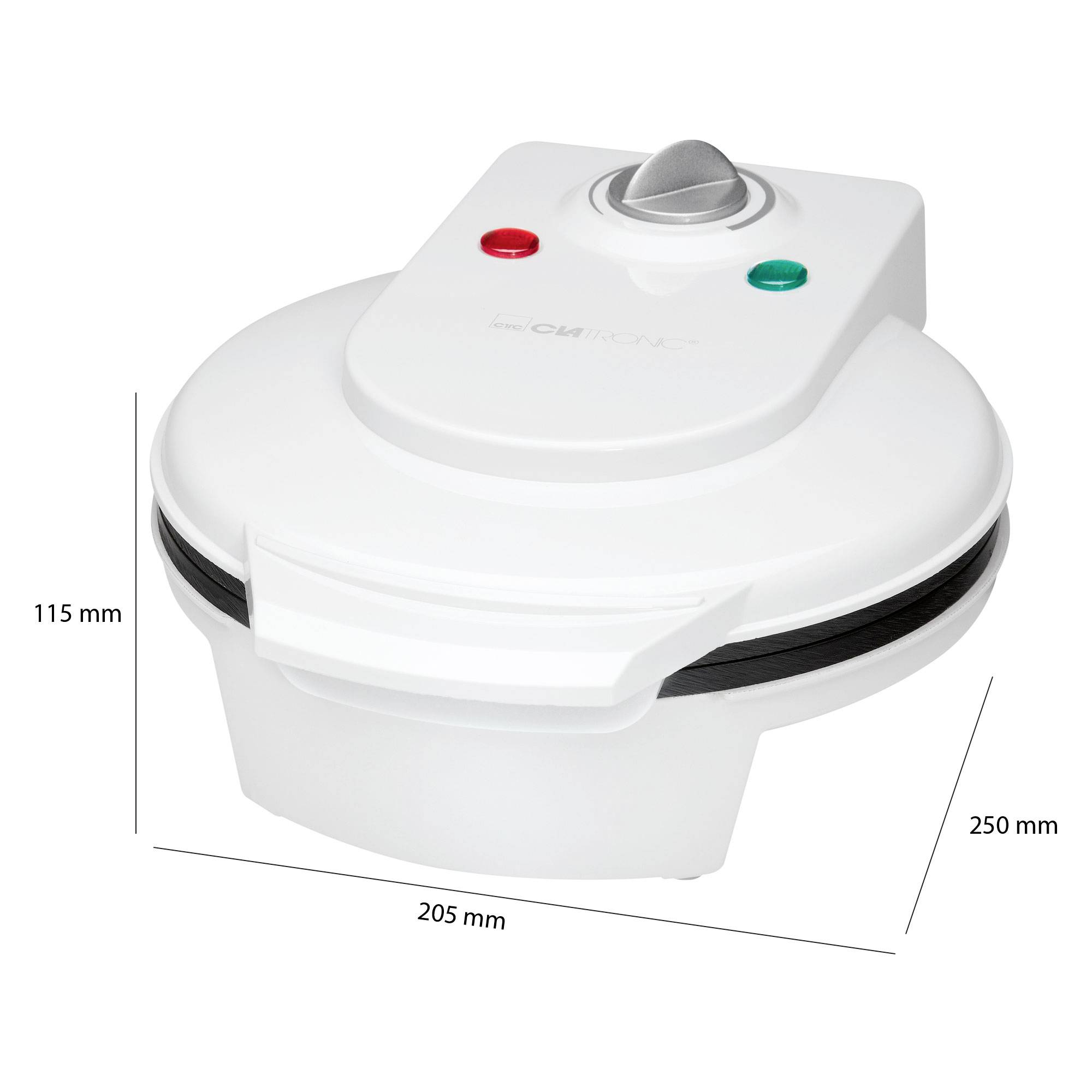 White, round waffle machine with green and red indicator lights, measuring 115 mm high, 205 mm wide and 250 mm deep.