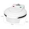 White, round waffle machine with green and red indicator lights, measuring 115 mm high, 205 mm wide and 250 mm deep.