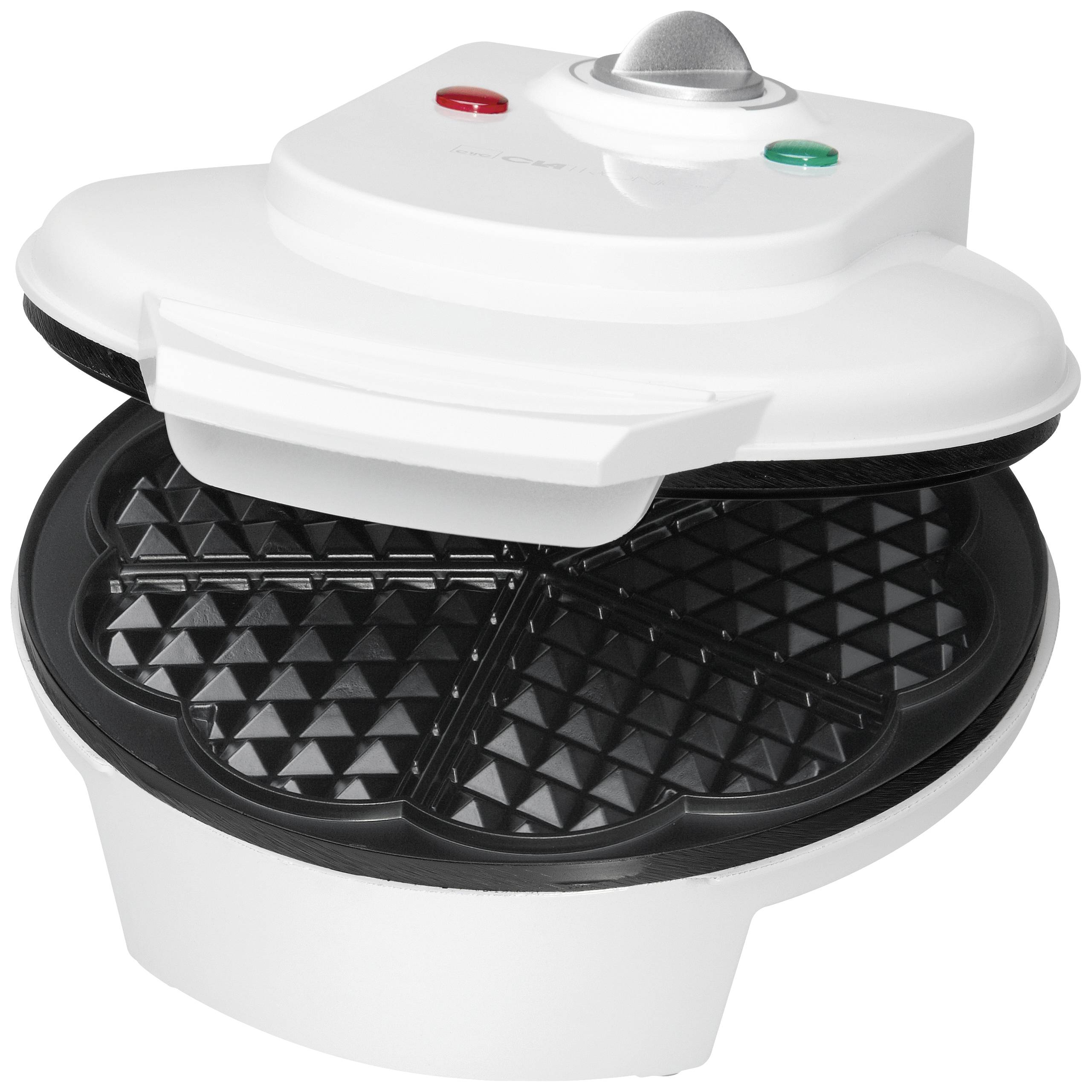 A white waffle maker with an open lid, showing a heart-shaped waffle mould, ready for use.