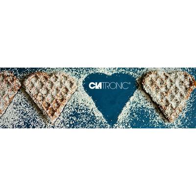 Heart-shaped waffles on a blue background, dusted with icing sugar. In the background, the word 'Clatronic' appears.