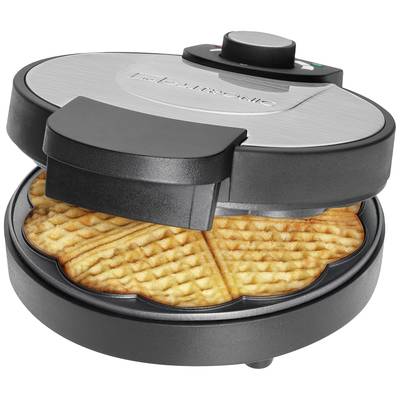 A waffle iron showing a freshly baked waffle.