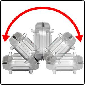 Device shows tilting movement with double arrow; illustrates stability and flexibility.