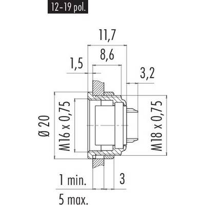 Technical drawing of a cylindrical component with dimensions: 11.7 mm width, 8.6 mm depth. Contains threads M16 x 0.75 and M18 x 0.75.
