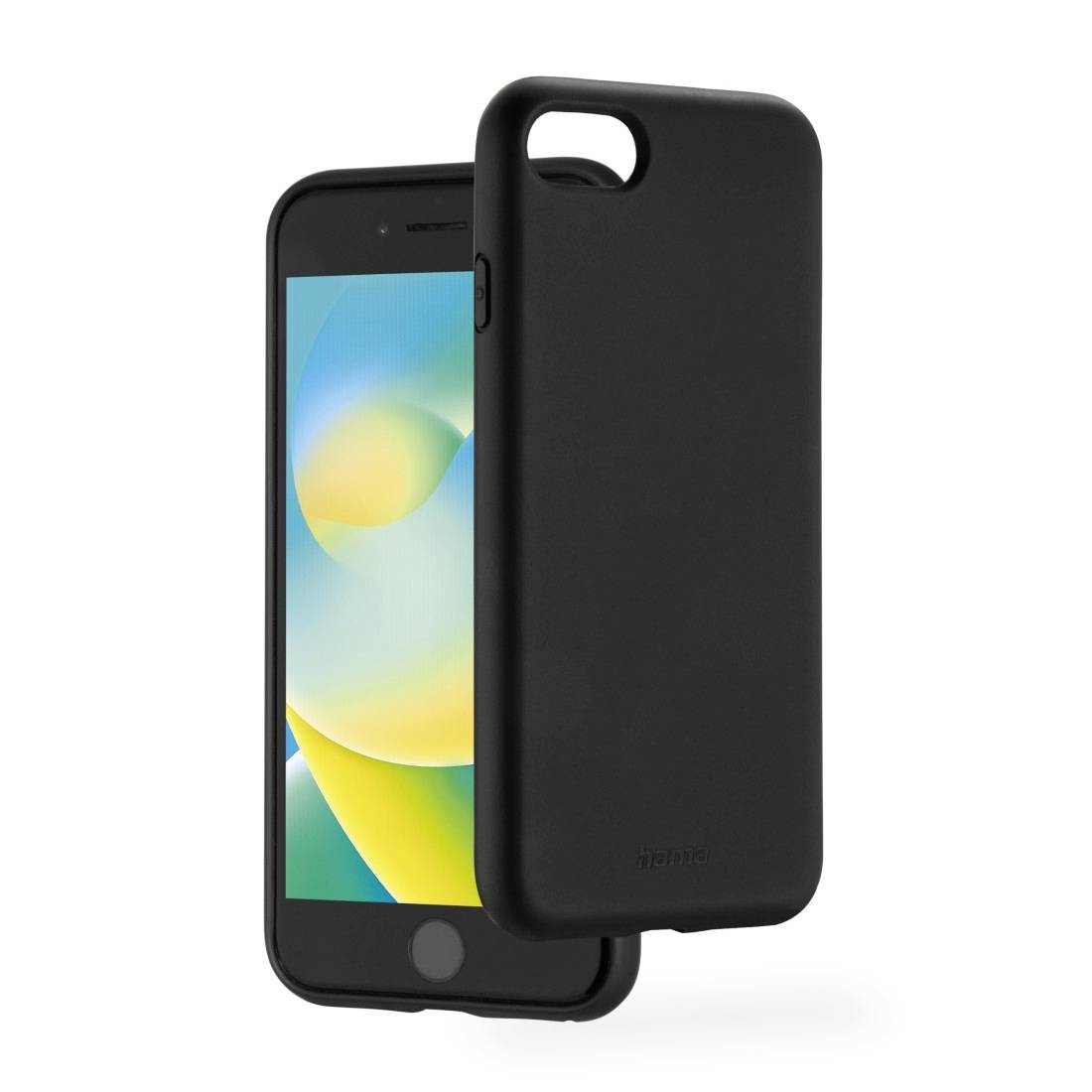 A black smartphone lies partially in a matching black case, which protects the device while leaving the display exposed.