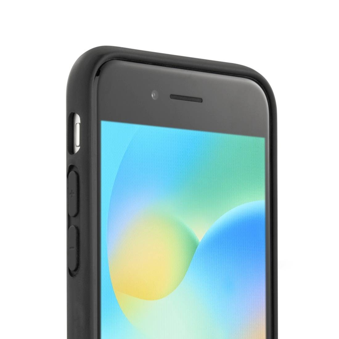 Smartphone viewed from the side with a black frame, screen displaying an abstract, colourful background.