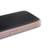 A pink smartphone with rounded edges lies on a surface. The screen is black and the device shows a side view.