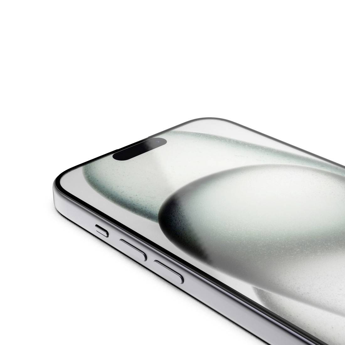 A modern smartphone with rounded edges and a large display showing a minimalist, abstract graphic.