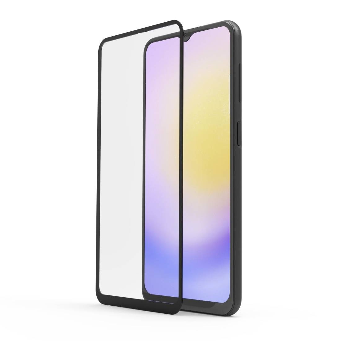 A smartphone with a transparent screen protector beside it, features a minimalist design with rounded edges.