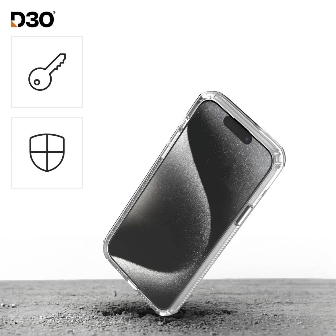 A smartphone with a transparent case hovers slightly tilted, with symbolism beside it indicating protection and security. 'D3O' brand logo.