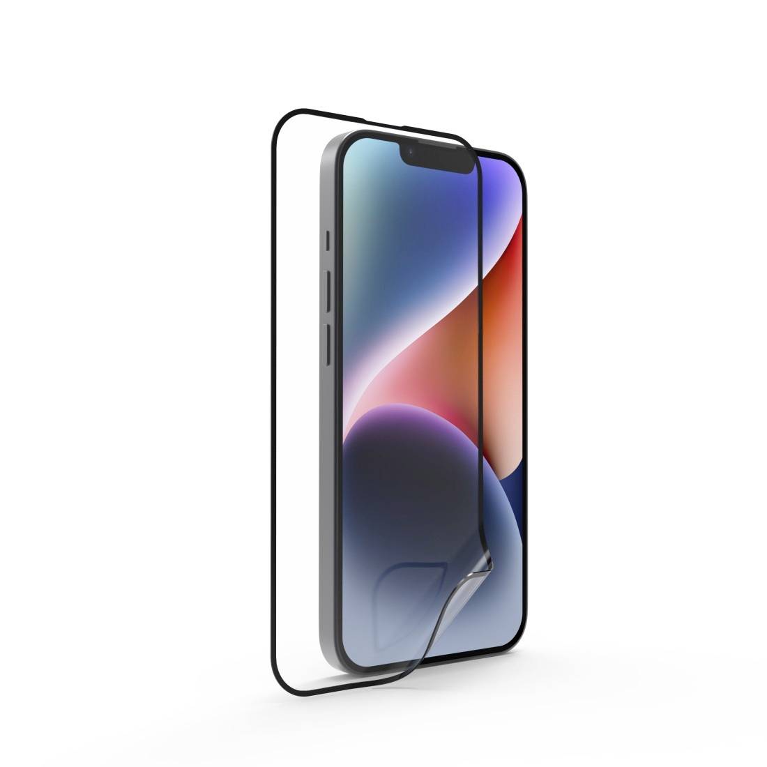Smartphone with a colourful screen background graphic, front view. A screen protector is partially peeled off and visible.