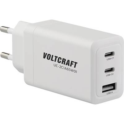 A white Voltcraft charger with three ports: two USB-C1, USB-C2 and one USB-A. It is suitable for Europe.