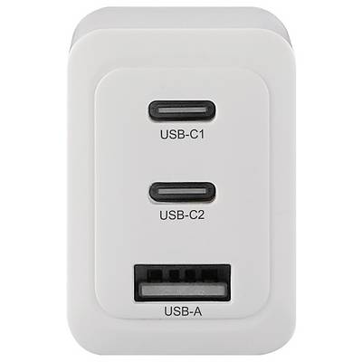 A charger with two USB-C ports, labelled as 'USB-C1' and 'USB-C2', and a USB-A port, labelled as 'USB-A'.