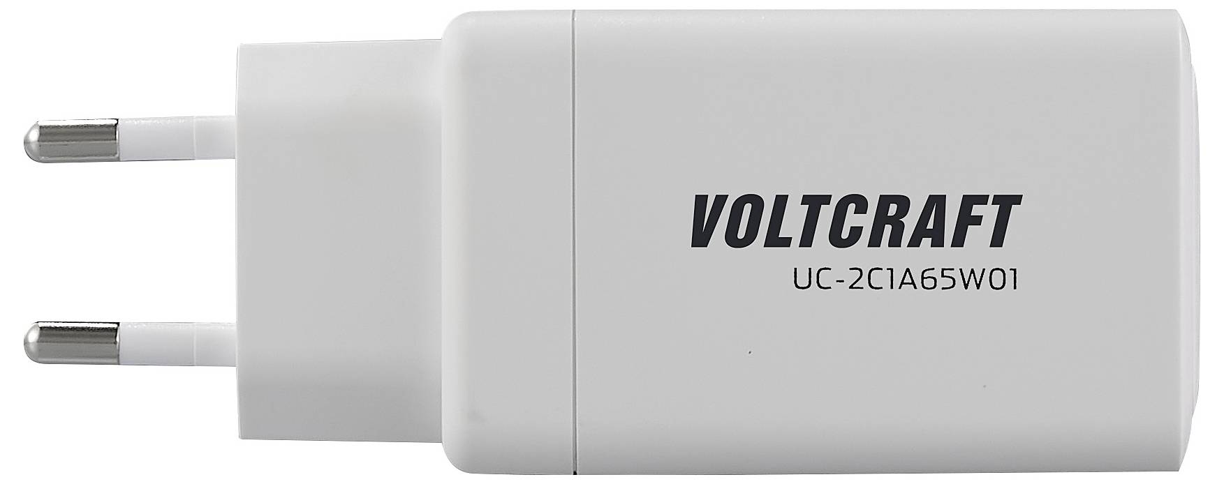 White USB power adapter with European plug. Marking: 'Voltcraft UC-2CIA65W01'.