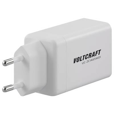 White Voltcraft charger, model UC-2C1A65W01, with two pin plugs for power supply.