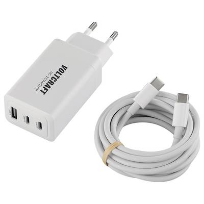 A white USB charger with two USB ports and an accompanying USB-C cable with a cable tie.