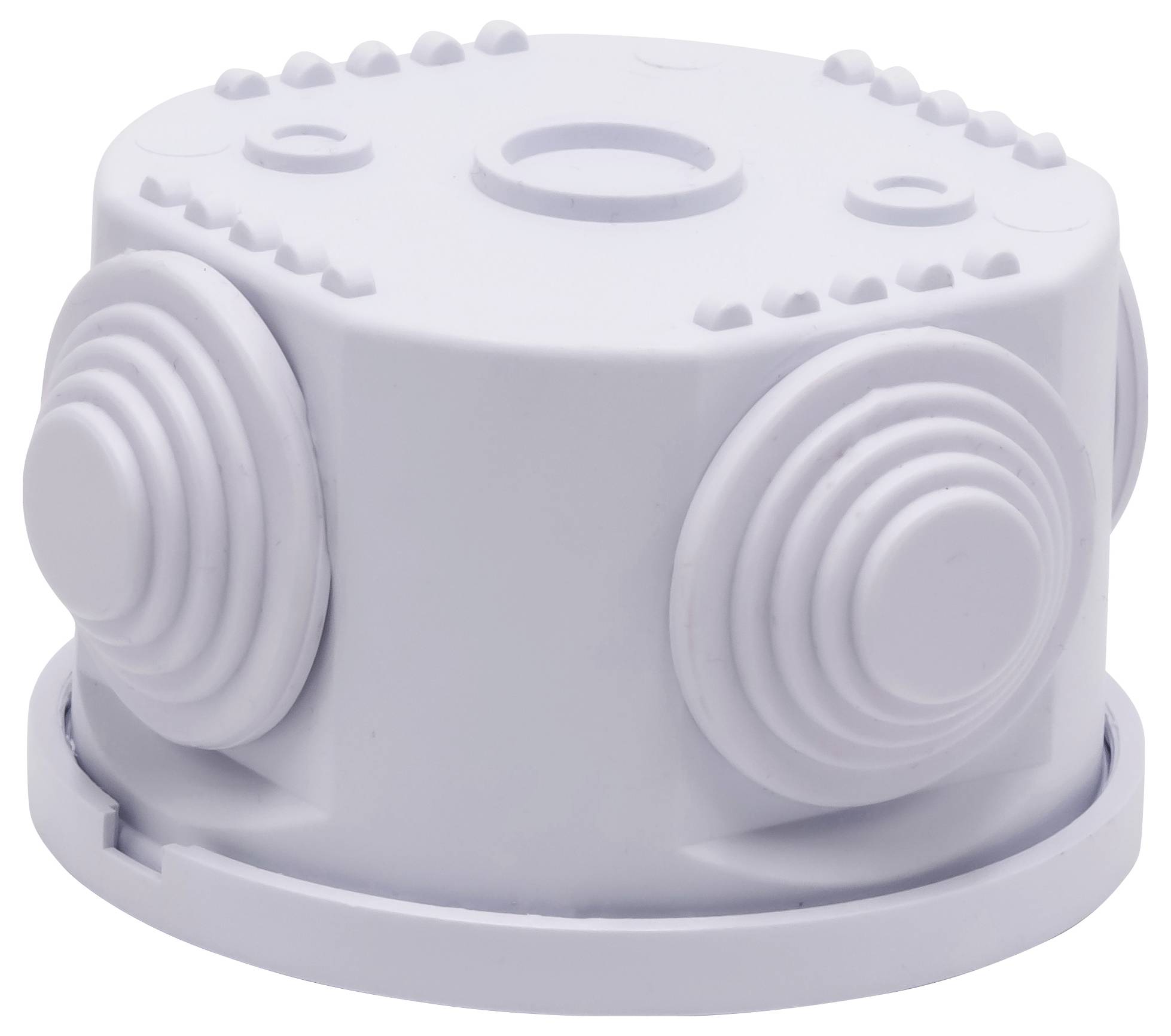 A white plastic cap with protrusions and circular patterns on the sides, possibly designed as a protective cover.