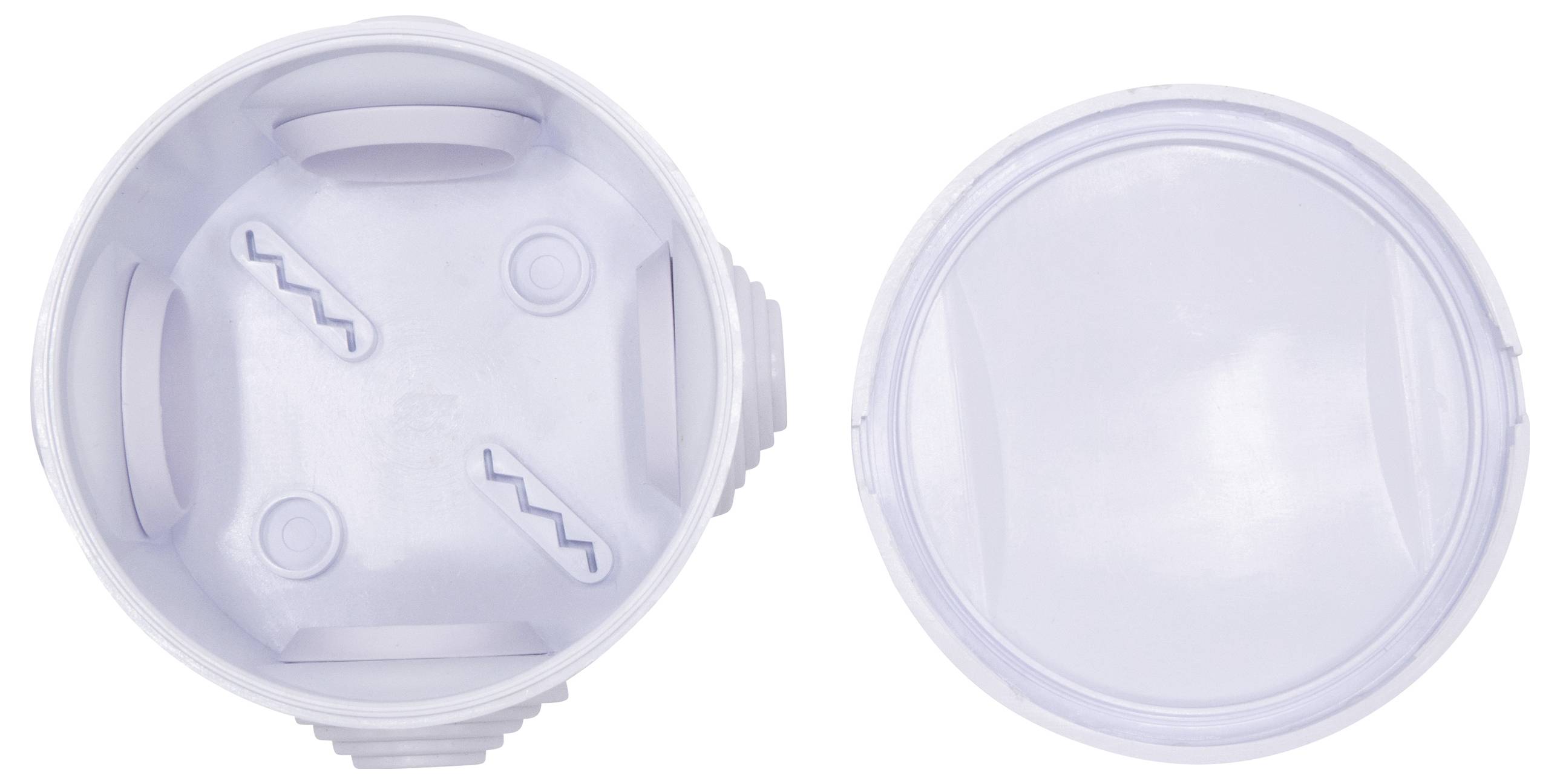 Two white plastic covers viewed from above: on the left, with a structured, serrated pattern and two circles; on the right, smooth and unstructured.
