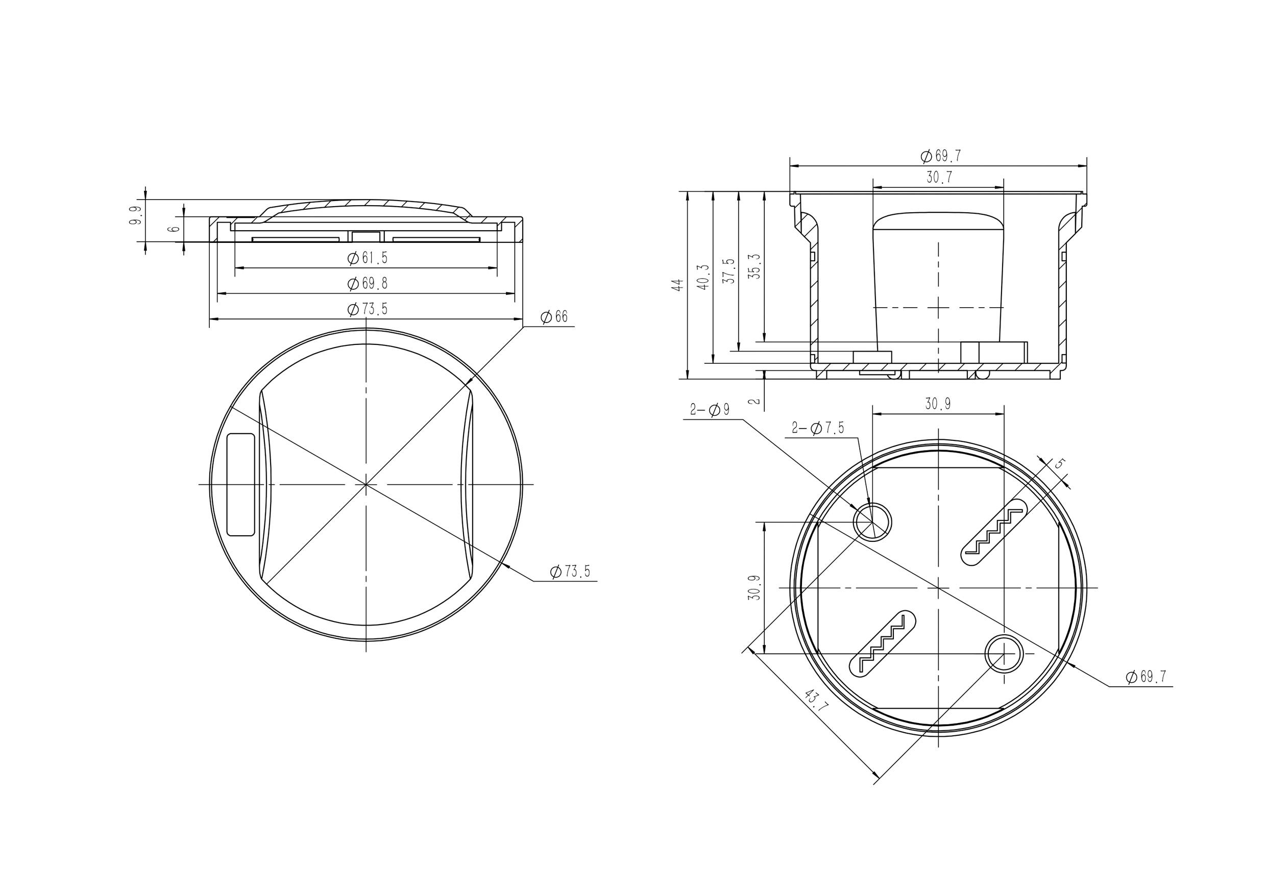 Technical drawing of a cylindrical component with detailed dimensional specifications. Side and top views with varying diameters.