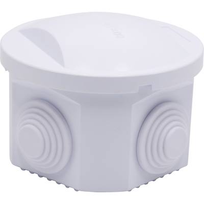 White, round plastic box with several round, wavy details on the sides.