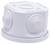 White, hexagonal plastic box with ridged buttons on three sides. Small, symmetrical bumps are located on the top.