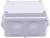 White, square junction box with rounded corners and side circular openings. Suitable for electrical connections.