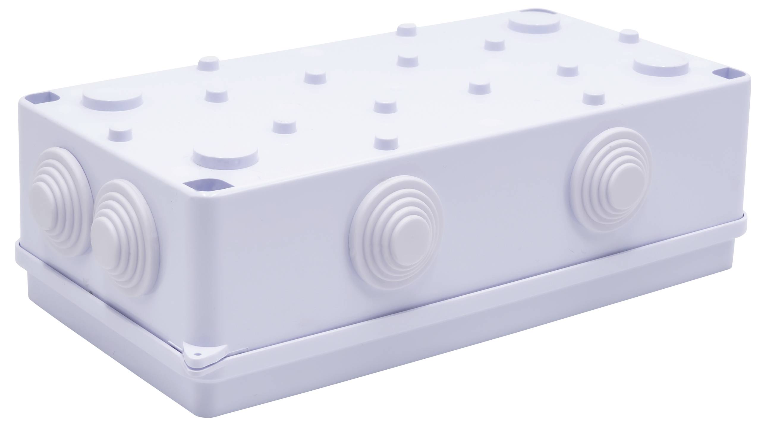 A rectangular, white plastic enclosure with removable round covers on the sides, used for electrical installations.