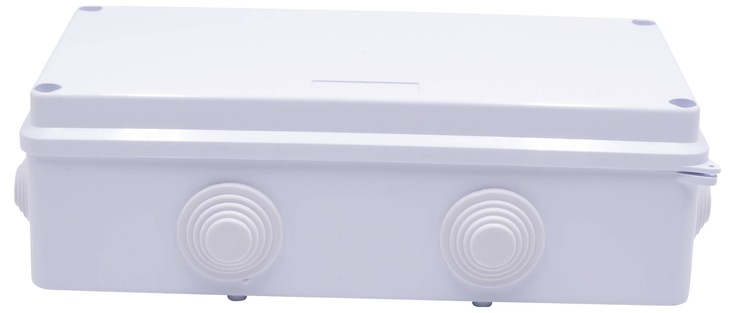 White plastic junction box with removable screw lid and cable entry points. Suitable for electrical installations.