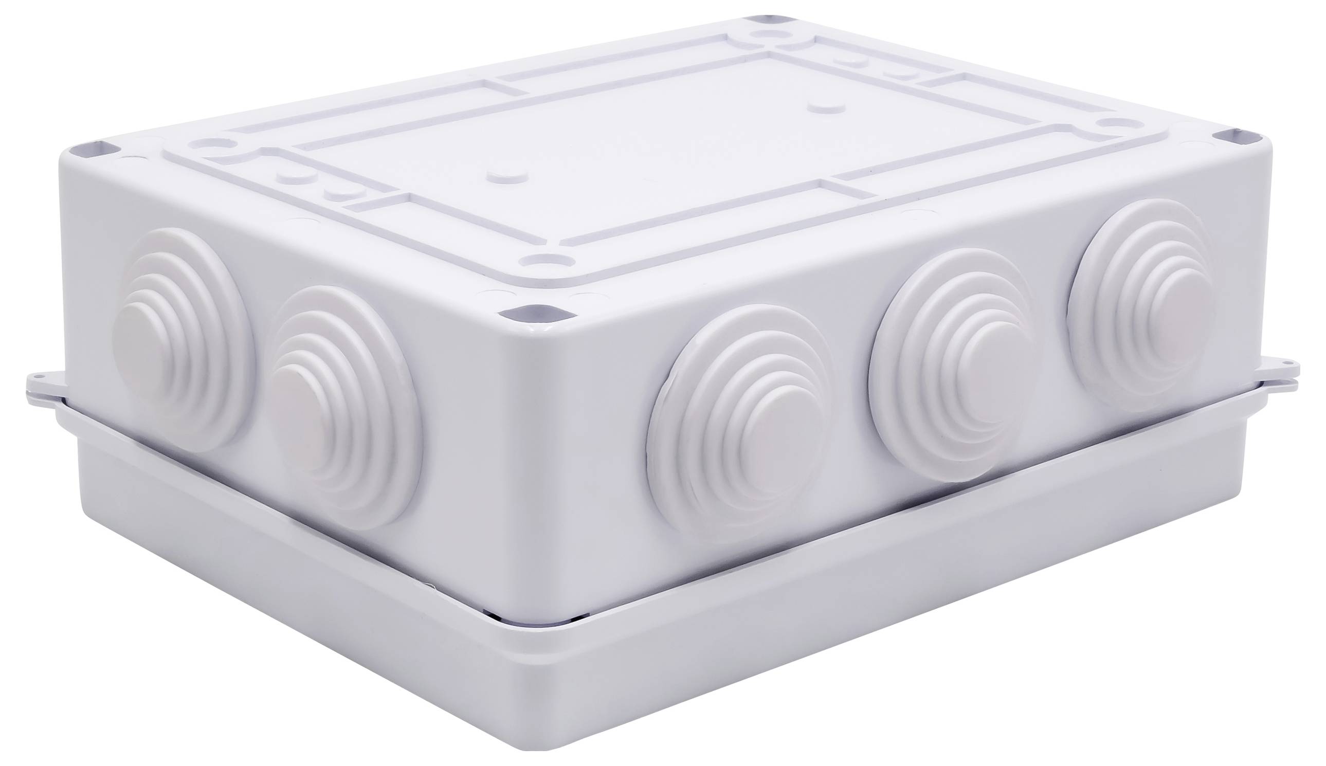 A white plastic enclosure with several round cable entry points on the side.