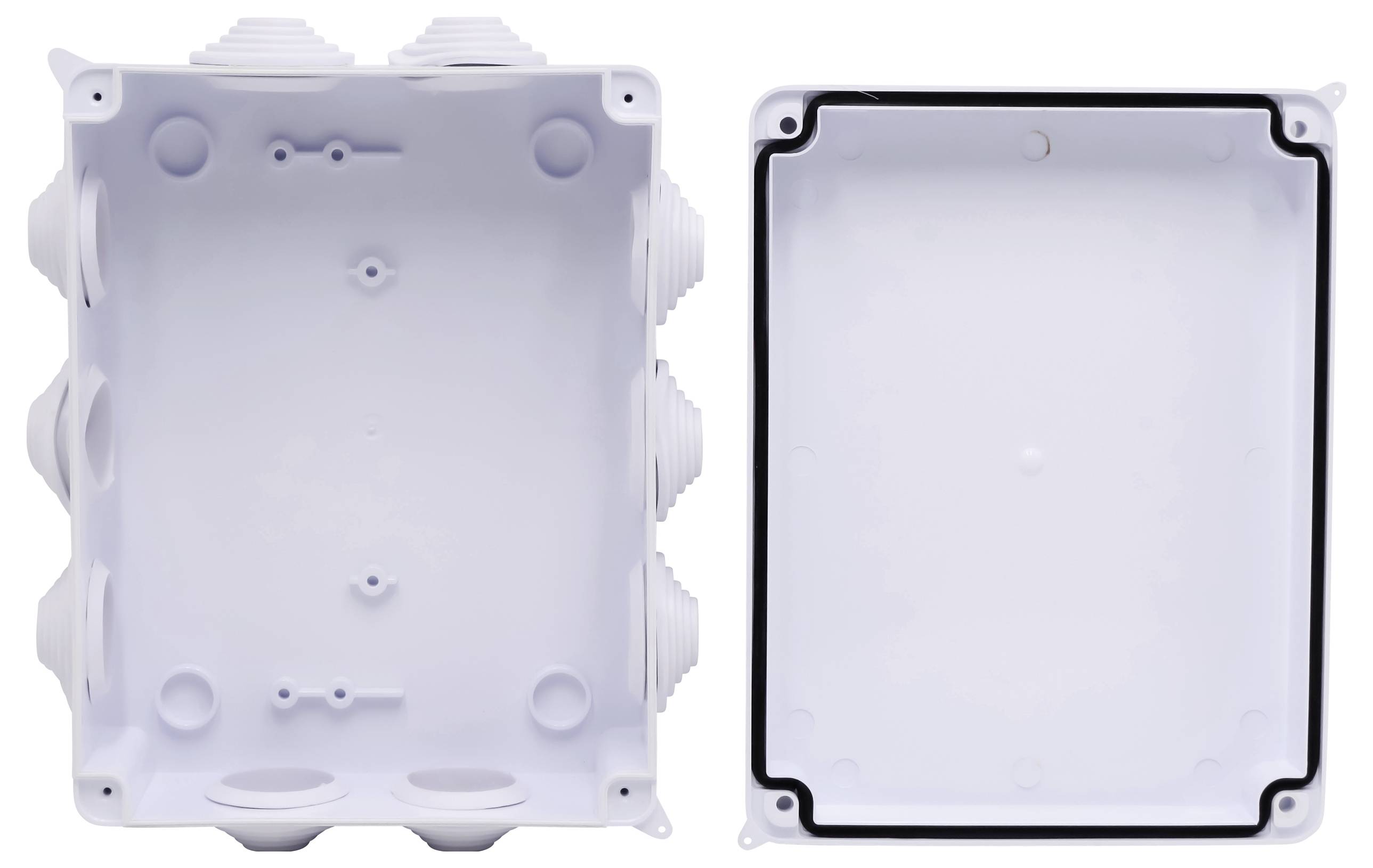 Rectangular, white junction box with a removable lid. Several round cable entry holes are located on the sides.