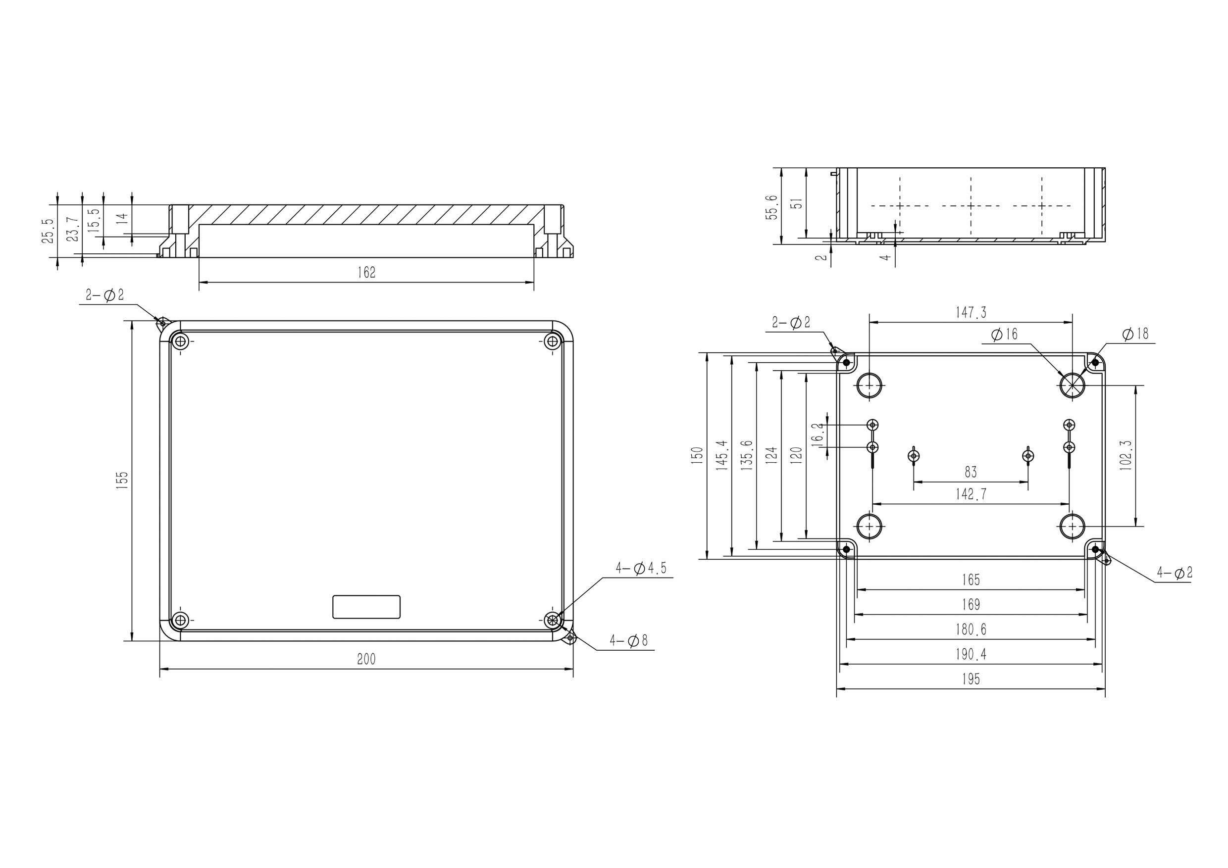 Technical drawing of a rectangular enclosure with dimensions in millimetres. Shows front, side, and top views with drill hole positions.