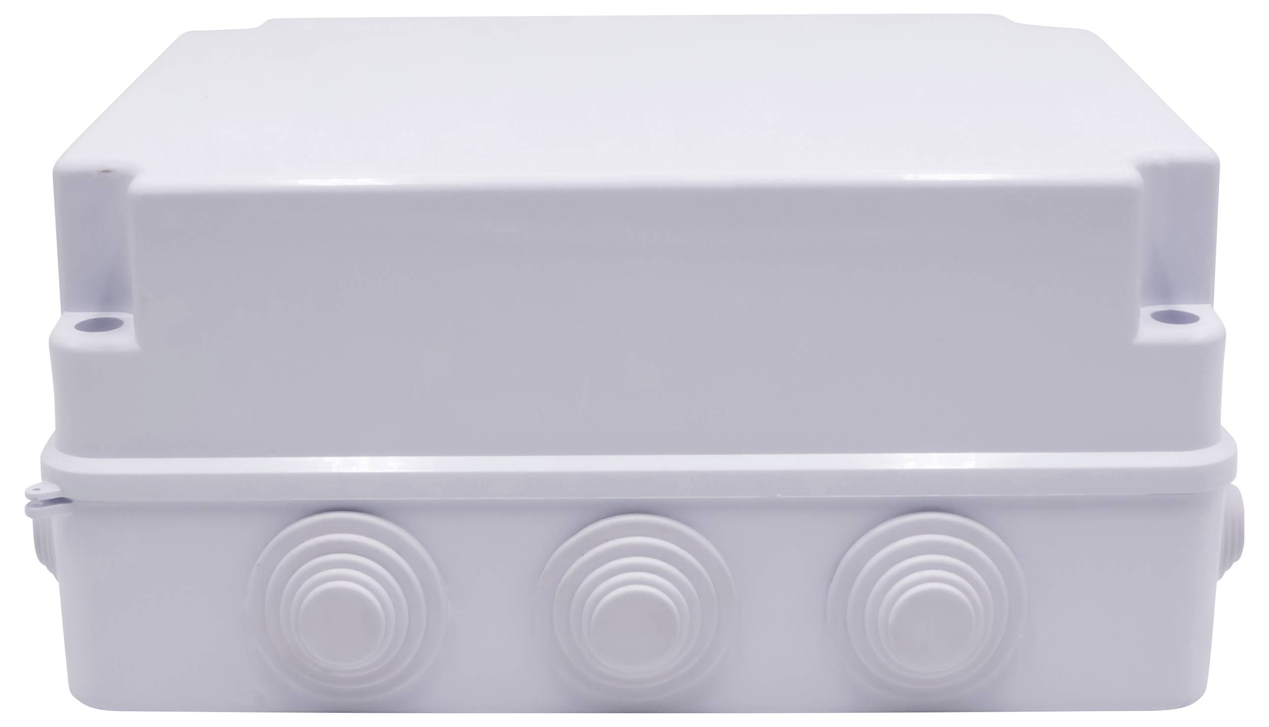 White plastic junction box with multiple rounded cable openings on the front.