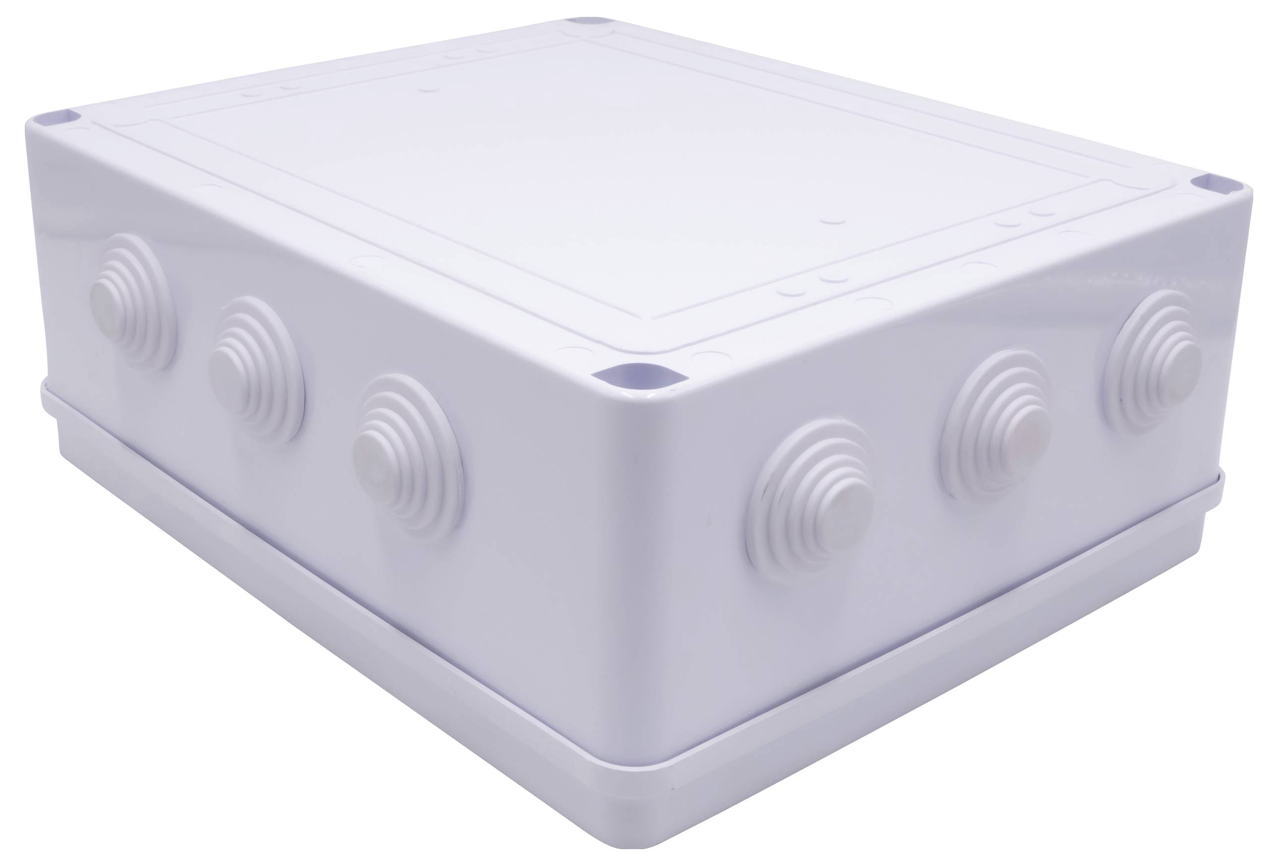 A white, rectangular plastic enclosure with multiple round outlets on the sides for cable management. Suitable for electrical installations.