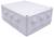 A white, rectangular plastic enclosure with multiple round outlets on the sides for cable management. Suitable for electrical installations.