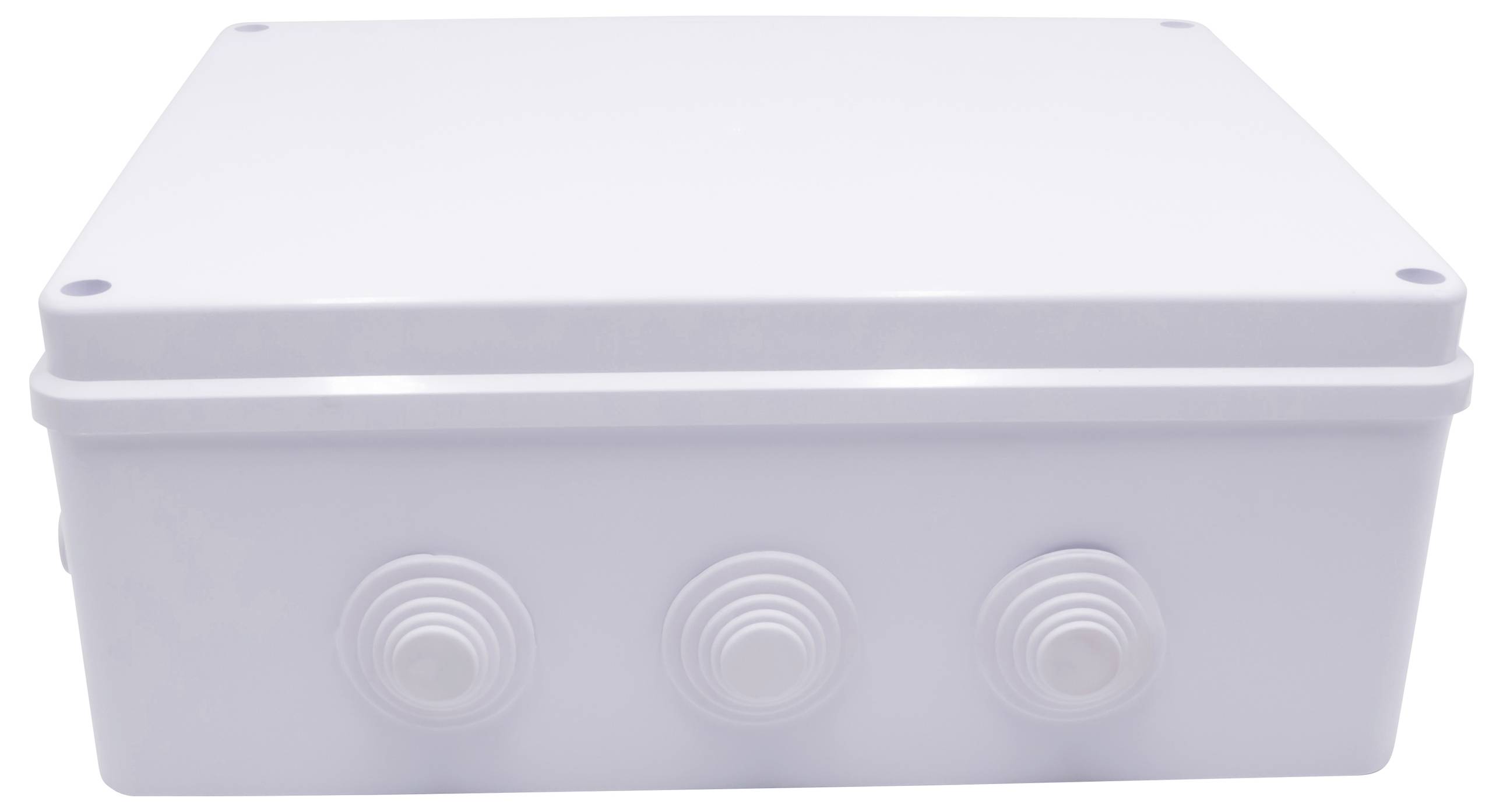 A white, rectangular plastic enclosure with rounded corners and three round cable entry points on the front.