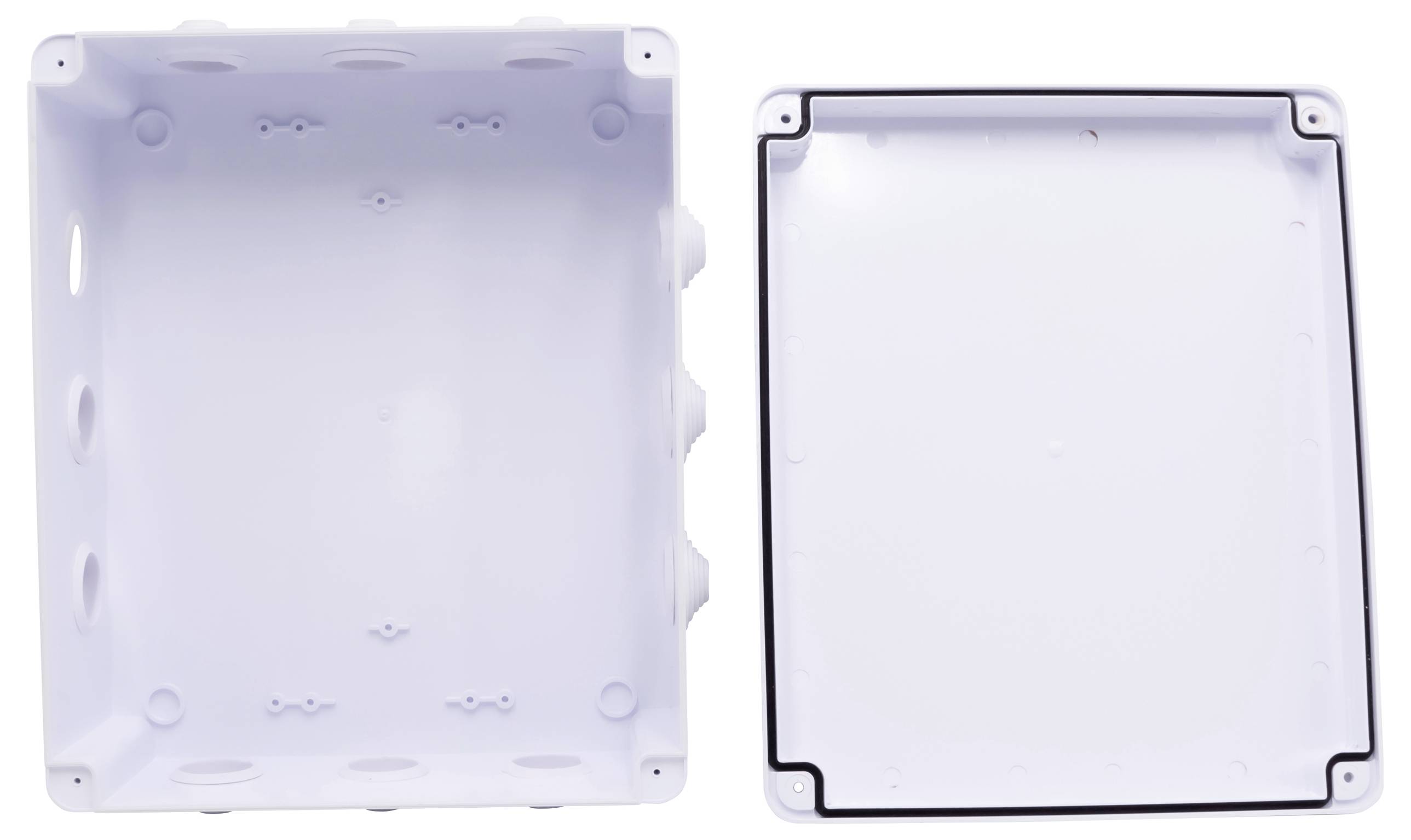A rectangular, empty plastic enclosure with a removable lid. Perfect for electronic projects or circuit protection.