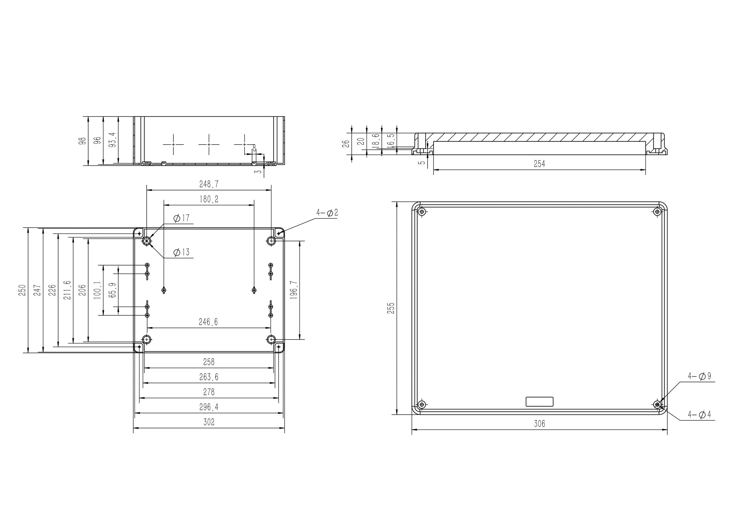 Technical drawing of a rectangular frame with detailed dimensioning in millimetres, showing top and side views.
