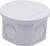 White round plastic box with a removable lid and multiple circular cutouts on the sides, used for electrical installations.