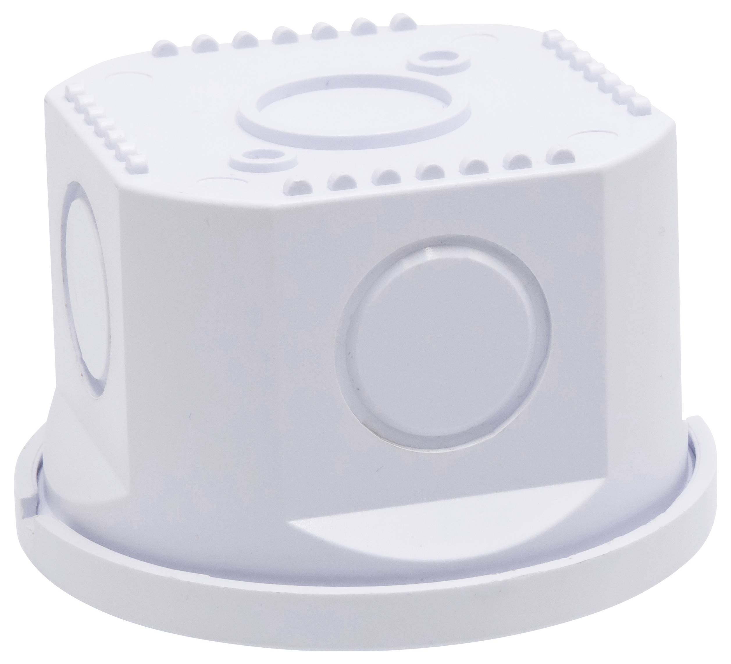 White, cylindrical plastic lid with studs on the top surface and round indentations on the sides. Used for sealing.